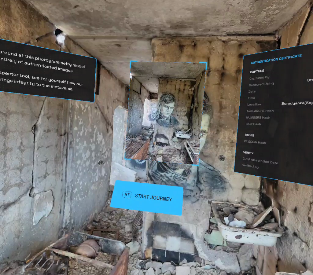 In the VR space, the original photographs are presented as anchors. With a press of the trigger controller, information about their capture and provenance is displayed over the 3D space.