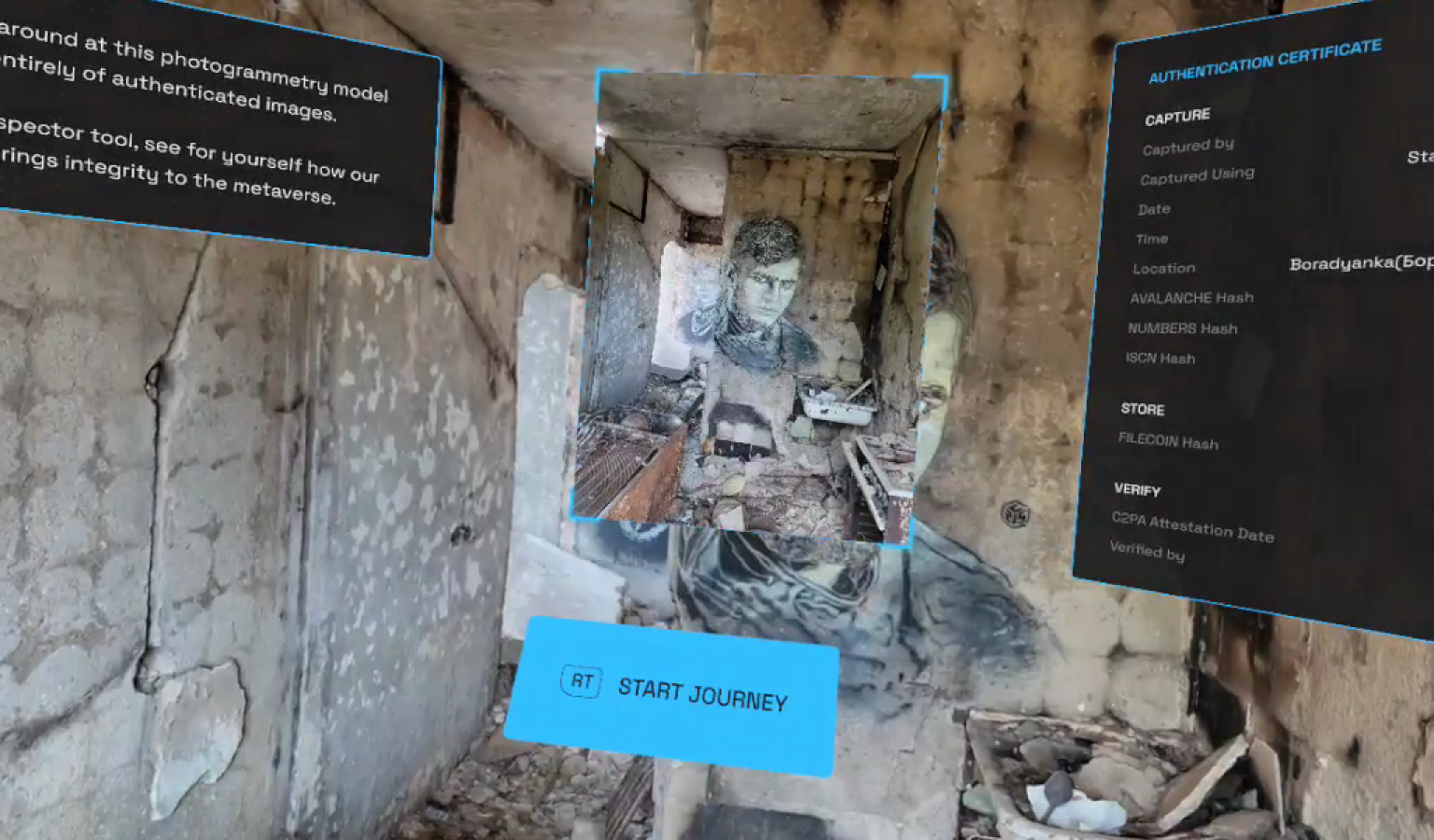 In the VR space, the original photographs are presented as anchors. With a press of the trigger controller, information about their capture and provenance is displayed over the 3D space.